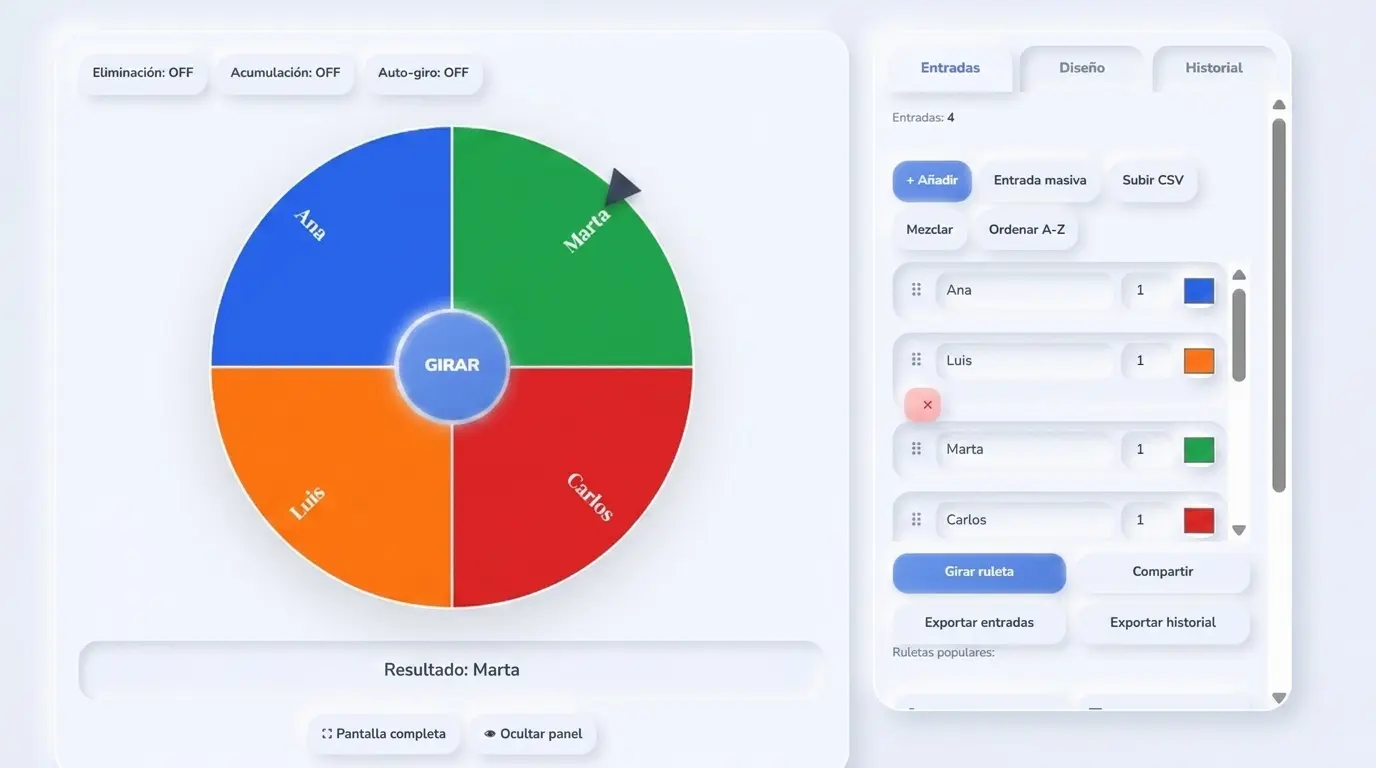 Ruleta aleatoria online gratis girando en pantalla para elegir nombres al azar